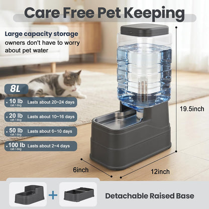 Automatic Dog Water Dispenser Gravity Stainless Steel Water Feeder Cat Waterer Feeder with Wide Mouth Bowl for Small Medium Dog Puppy Kitten (Filter &Ice Pack Included) 2.2Gallon Gray