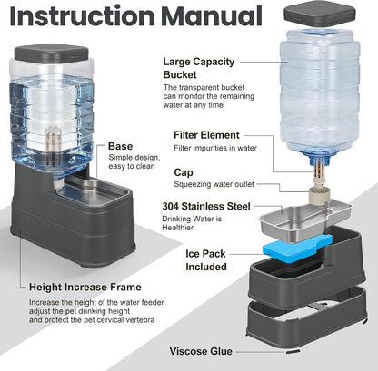 Automatic Dog Water Dispenser Gravity Stainless Steel Water Feeder Cat Waterer Feeder with Wide Mouth Bowl for Small Medium Dog Puppy Kitten (Filter &Ice Pack Included) 2.2Gallon Gray