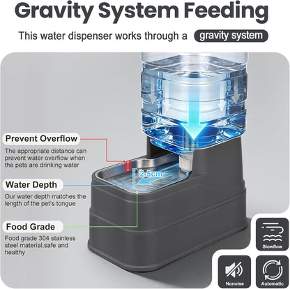 Automatic Dog Water Dispenser Gravity Stainless Steel Water Feeder Cat Waterer Feeder with Wide Mouth Bowl for Small Medium Dog Puppy Kitten (Filter &Ice Pack Included) 2.2Gallon Gray