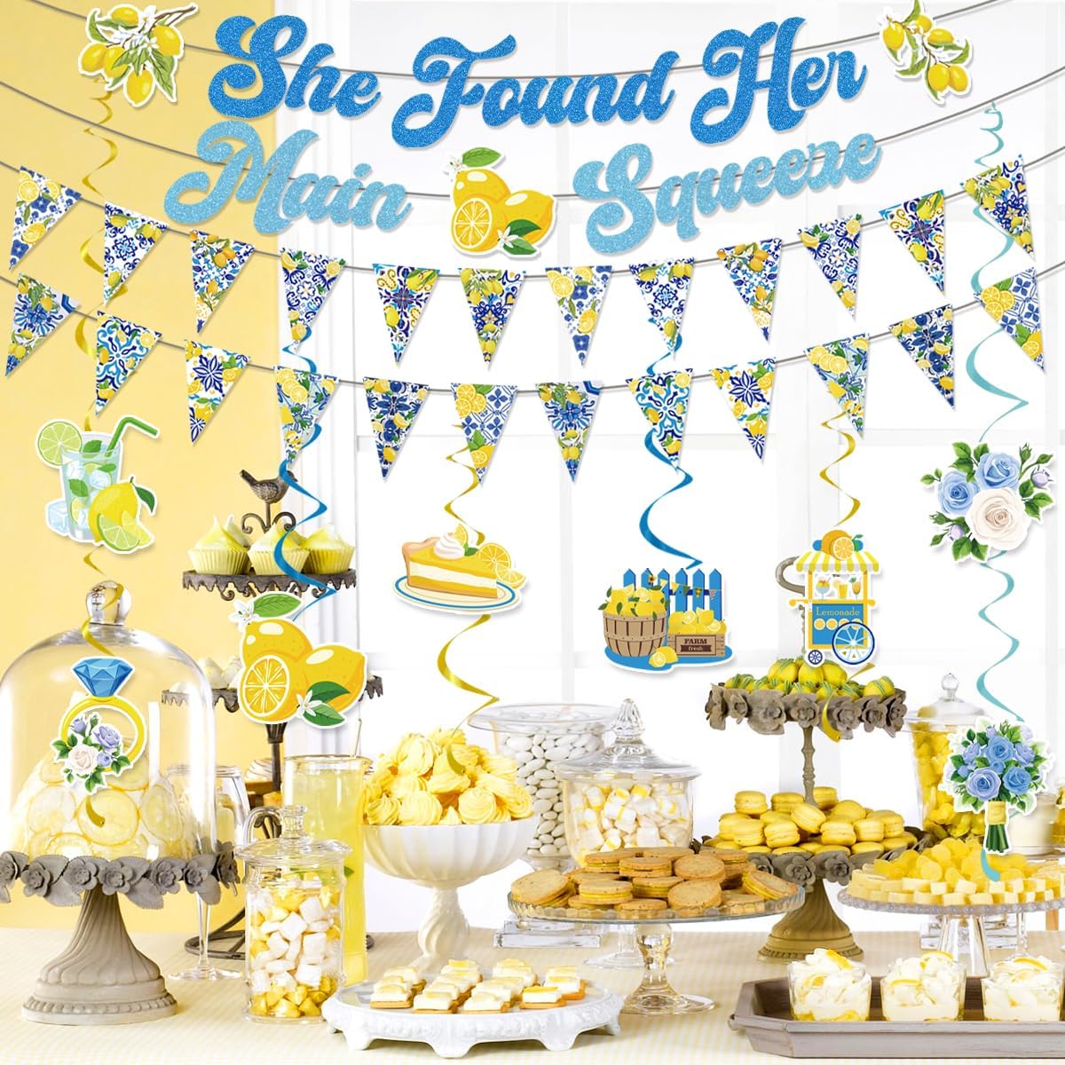 Lemon Bridal Shower Decorations Include She Found Her Main Squeeze Glitter Banners Lemon Bunting Banners Hanging Swirls Amalfi Coast Lemon Theme Party Supplies for Bridal Shower