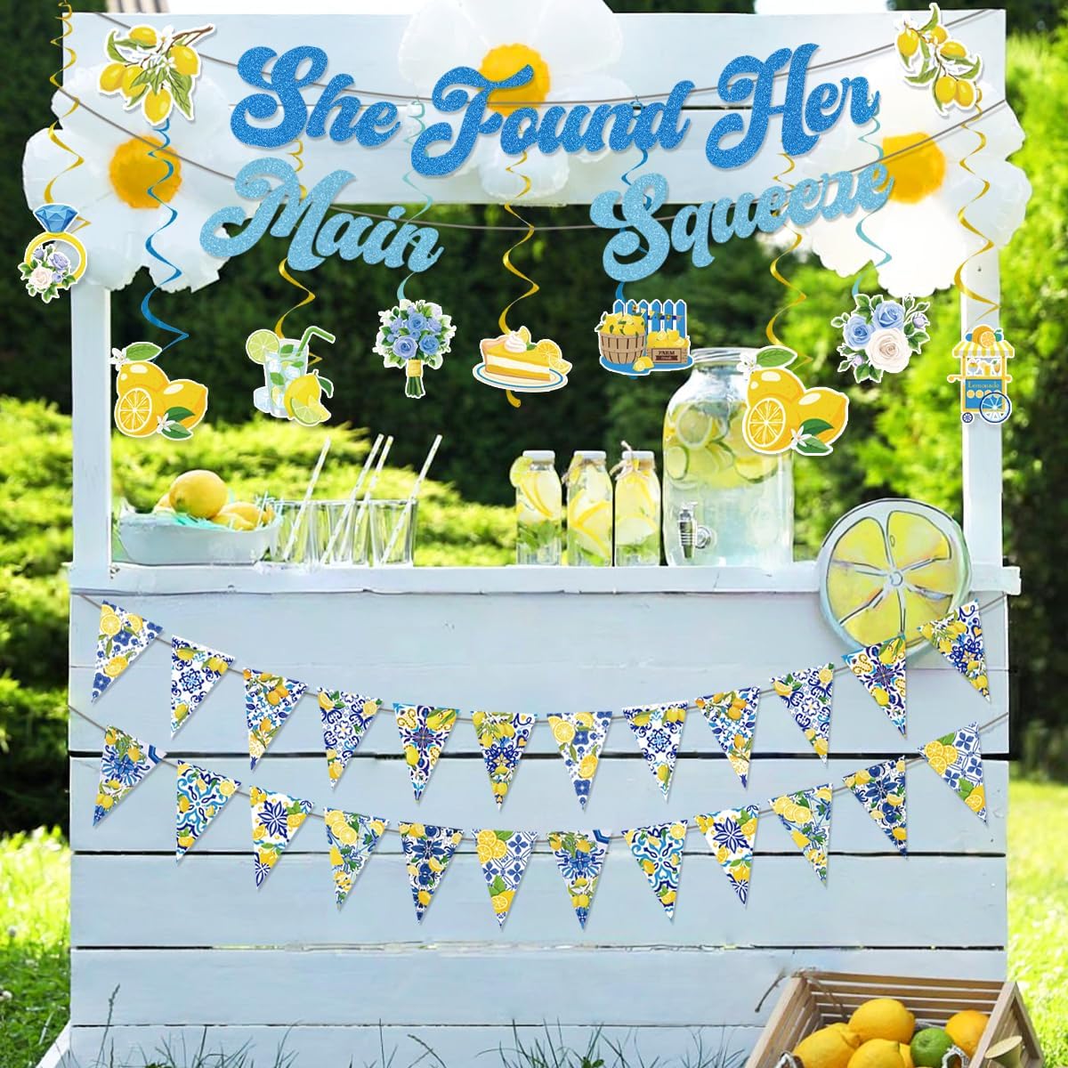 Lemon Bridal Shower Decorations Include She Found Her Main Squeeze Glitter Banners Lemon Bunting Banners Hanging Swirls Amalfi Coast Lemon Theme Party Supplies for Bridal Shower
