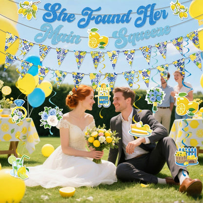 Lemon Bridal Shower Decorations Include She Found Her Main Squeeze Glitter Banners Lemon Bunting Banners Hanging Swirls Amalfi Coast Lemon Theme Party Supplies for Bridal Shower