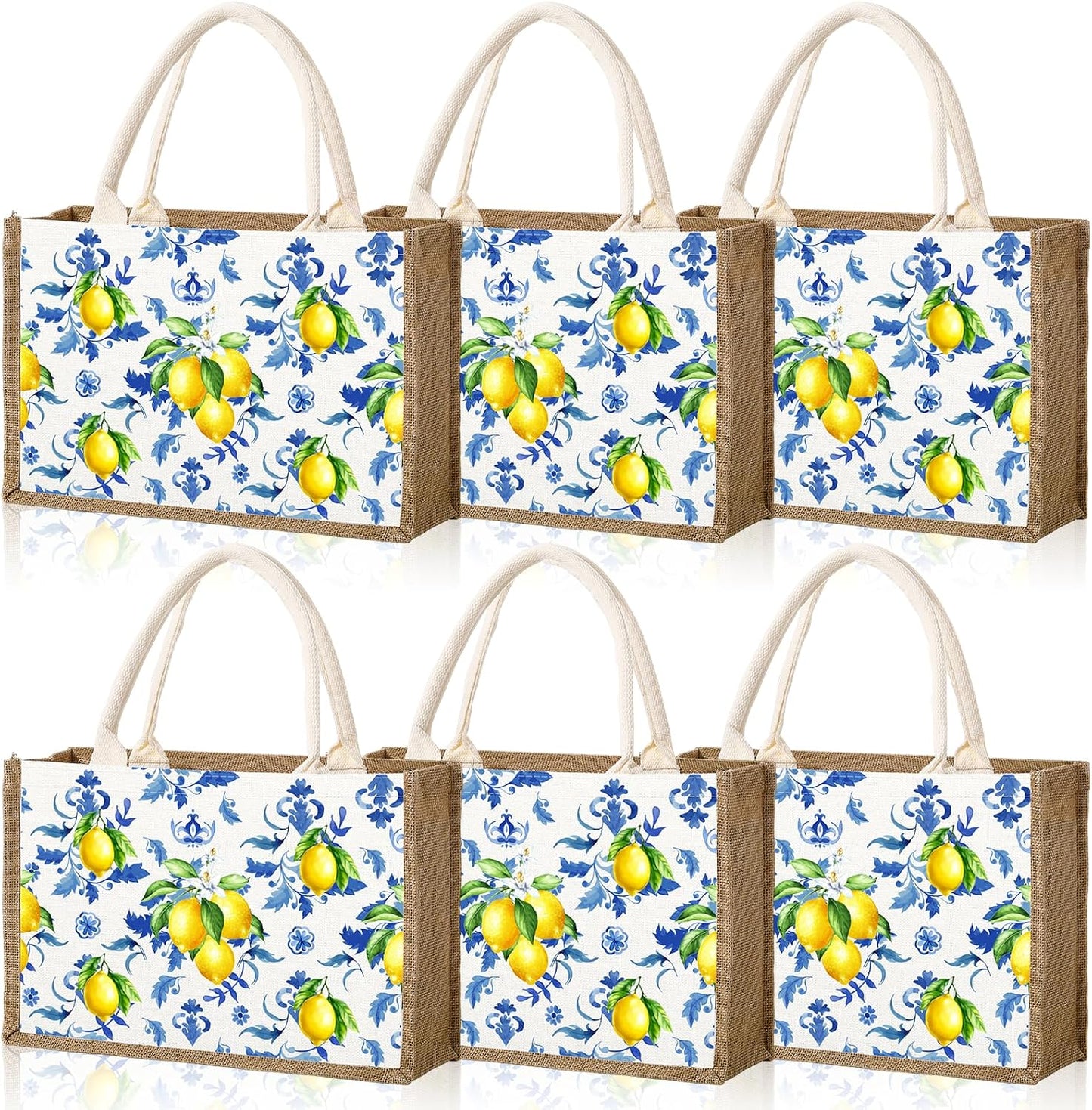 6 Pack Capri Lemon Burlap Tote Bags with Handles Blue Floral Lemon Jute Gift Bag Large Reusable Canvas Grocery Tote for Wedding Amalfi Coast Party Birthday