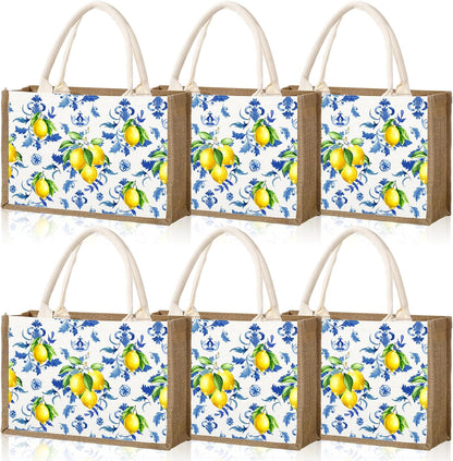 6 Pack Capri Lemon Burlap Tote Bags with Handles Blue Floral Lemon Jute Gift Bag Large Reusable Canvas Grocery Tote for Wedding Amalfi Coast Party Birthday