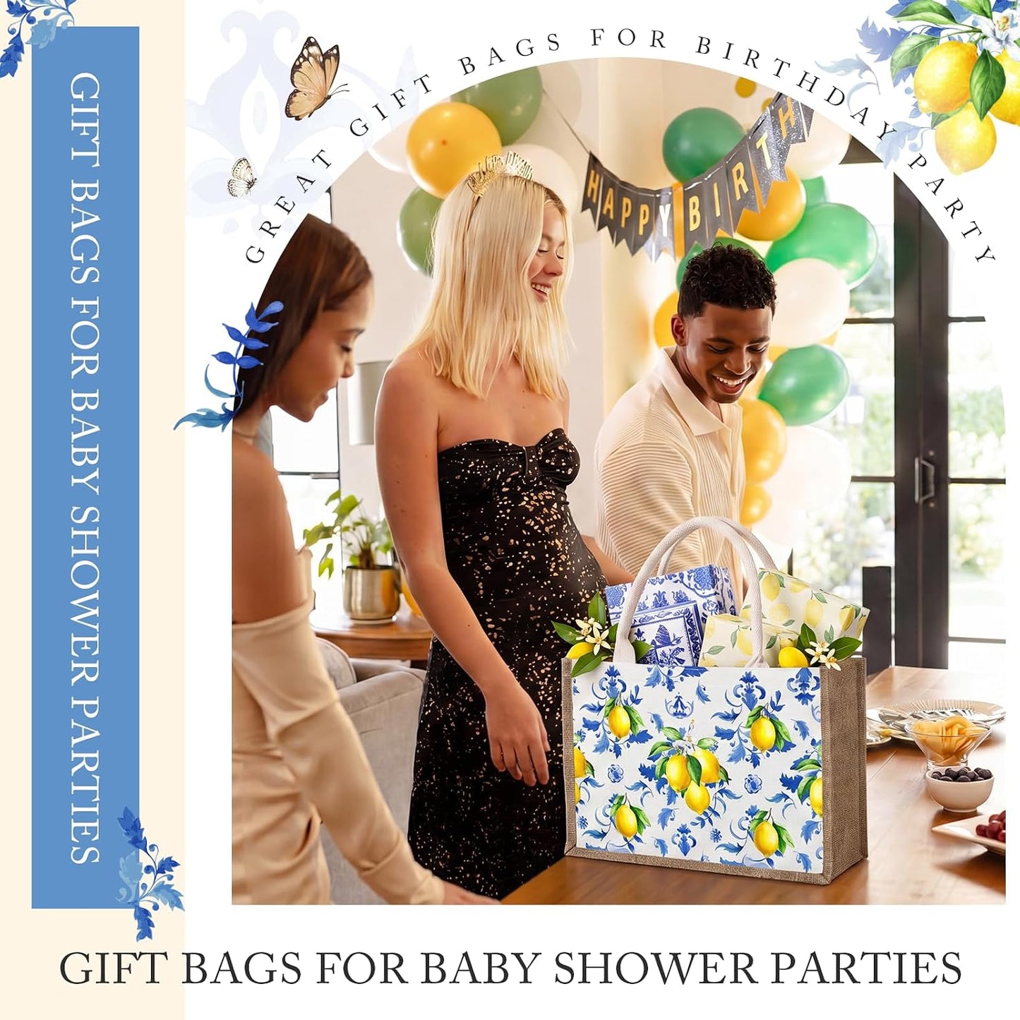 6 Pack Capri Lemon Burlap Tote Bags with Handles Blue Floral Lemon Jute Gift Bag Large Reusable Canvas Grocery Tote for Wedding Amalfi Coast Party Birthday