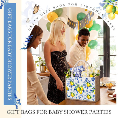 6 Pack Capri Lemon Burlap Tote Bags with Handles Blue Floral Lemon Jute Gift Bag Large Reusable Canvas Grocery Tote for Wedding Amalfi Coast Party Birthday
