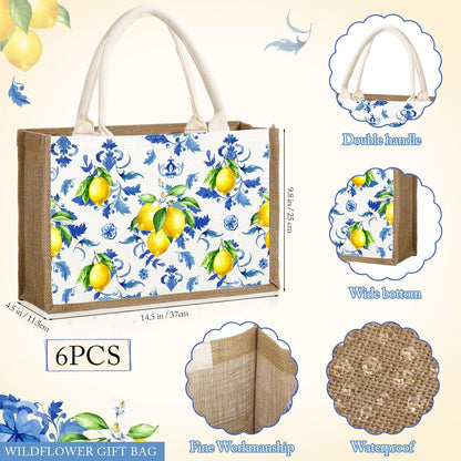6 Pack Capri Lemon Burlap Tote Bags with Handles Blue Floral Lemon Jute Gift Bag Large Reusable Canvas Grocery Tote for Wedding Amalfi Coast Party Birthday