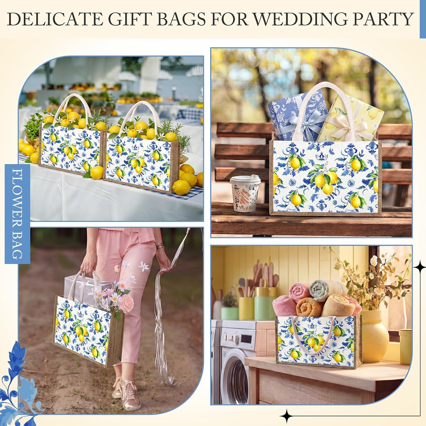 6 Pack Capri Lemon Burlap Tote Bags with Handles Blue Floral Lemon Jute Gift Bag Large Reusable Canvas Grocery Tote for Wedding Amalfi Coast Party Birthday