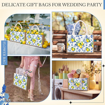 6 Pack Capri Lemon Burlap Tote Bags with Handles Blue Floral Lemon Jute Gift Bag Large Reusable Canvas Grocery Tote for Wedding Amalfi Coast Party Birthday