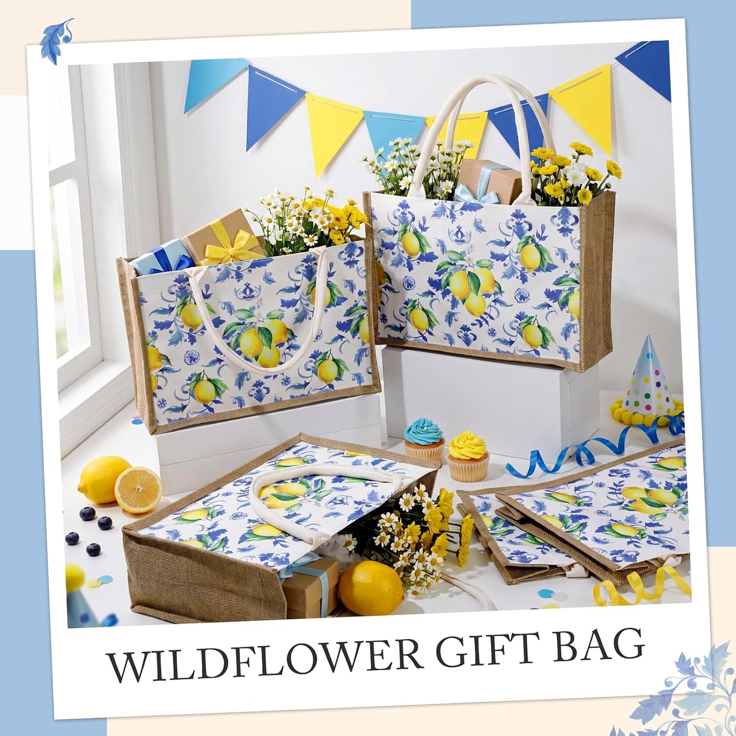 6 Pack Capri Lemon Burlap Tote Bags with Handles Blue Floral Lemon Jute Gift Bag Large Reusable Canvas Grocery Tote for Wedding Amalfi Coast Party Birthday