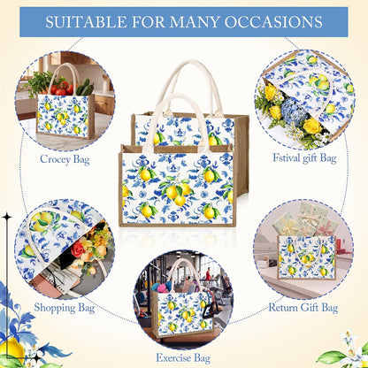 6 Pack Capri Lemon Burlap Tote Bags with Handles Blue Floral Lemon Jute Gift Bag Large Reusable Canvas Grocery Tote for Wedding Amalfi Coast Party Birthday