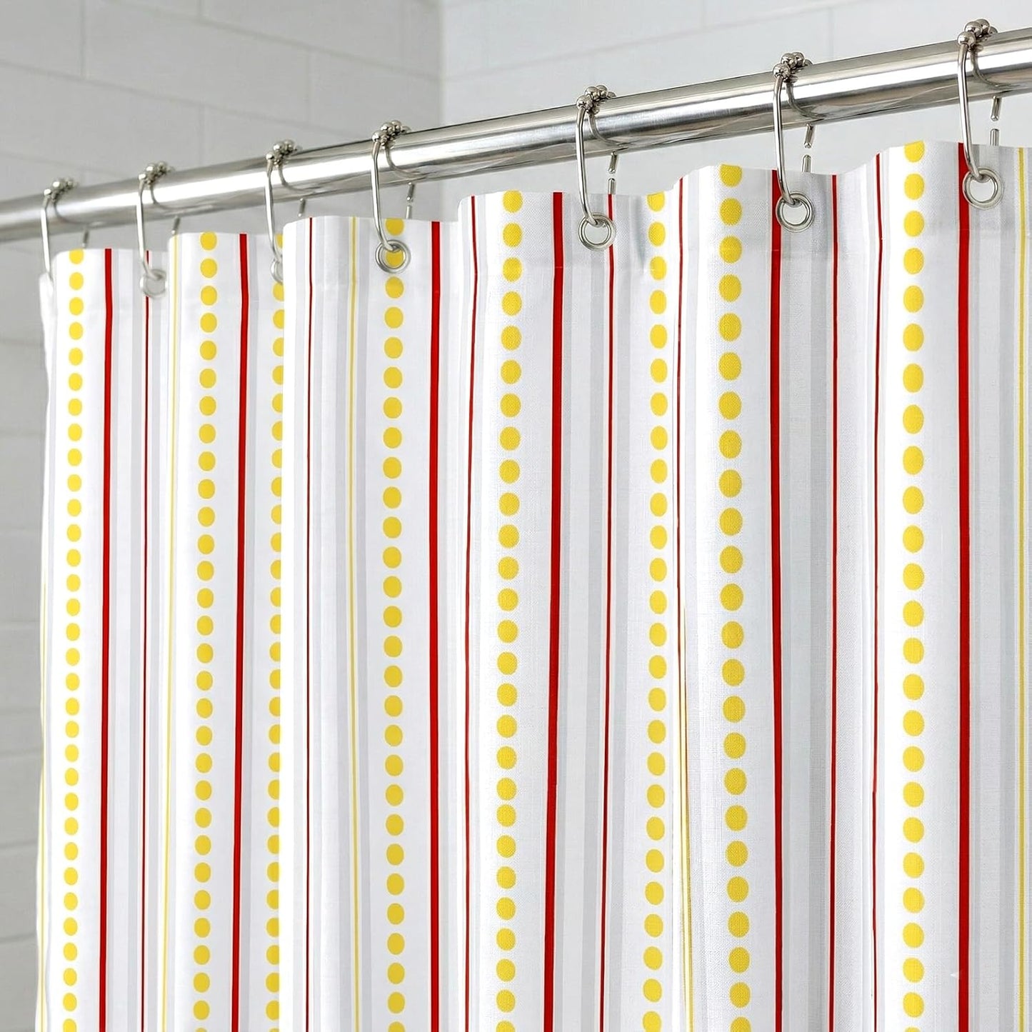 Geometric Shower Curtain for Bathroom – Modern Red & Grey Striped with Yellow Polka Dots Design – Heavy Duty Thick Fabric Bath Curtains, Waterproof & Weighted Hem, 12 Hooks Included (72" x 72")