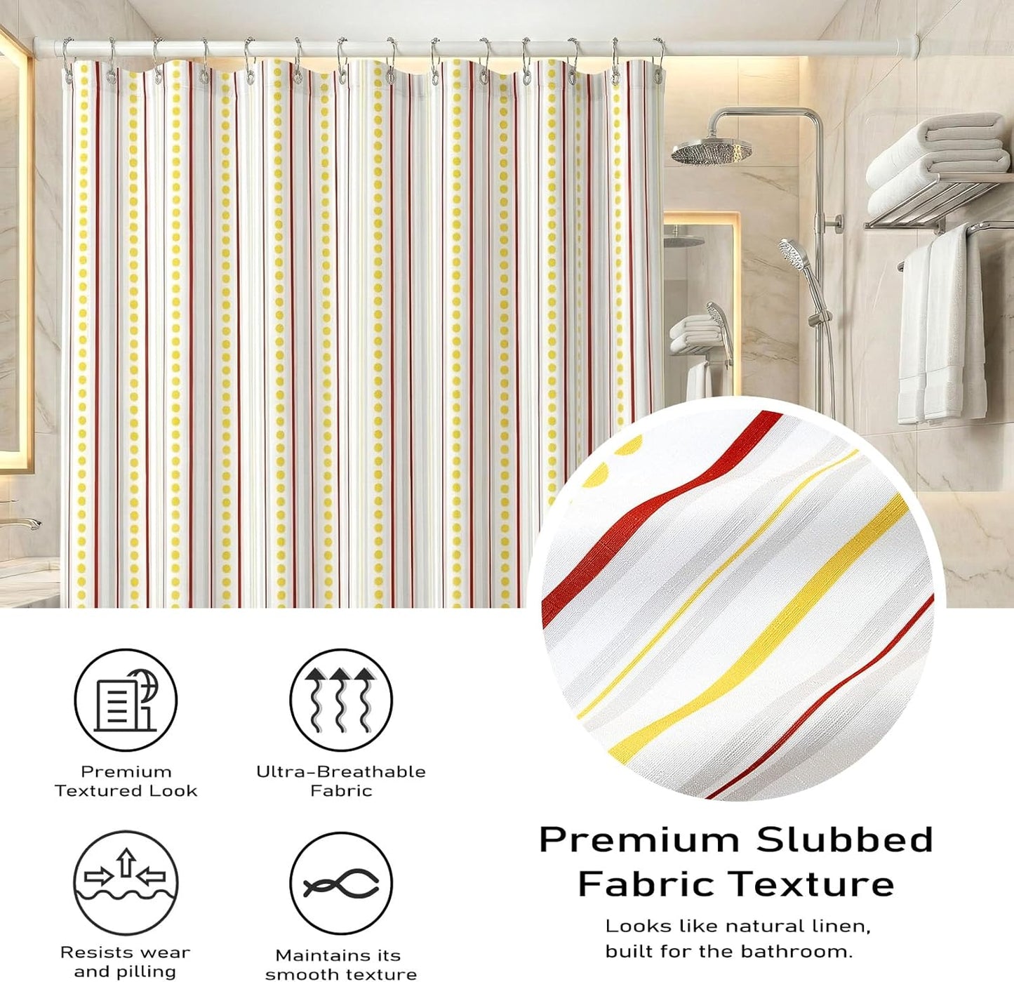 Geometric Shower Curtain for Bathroom – Modern Red & Grey Striped with Yellow Polka Dots Design – Heavy Duty Thick Fabric Bath Curtains, Waterproof & Weighted Hem, 12 Hooks Included (72" x 72")