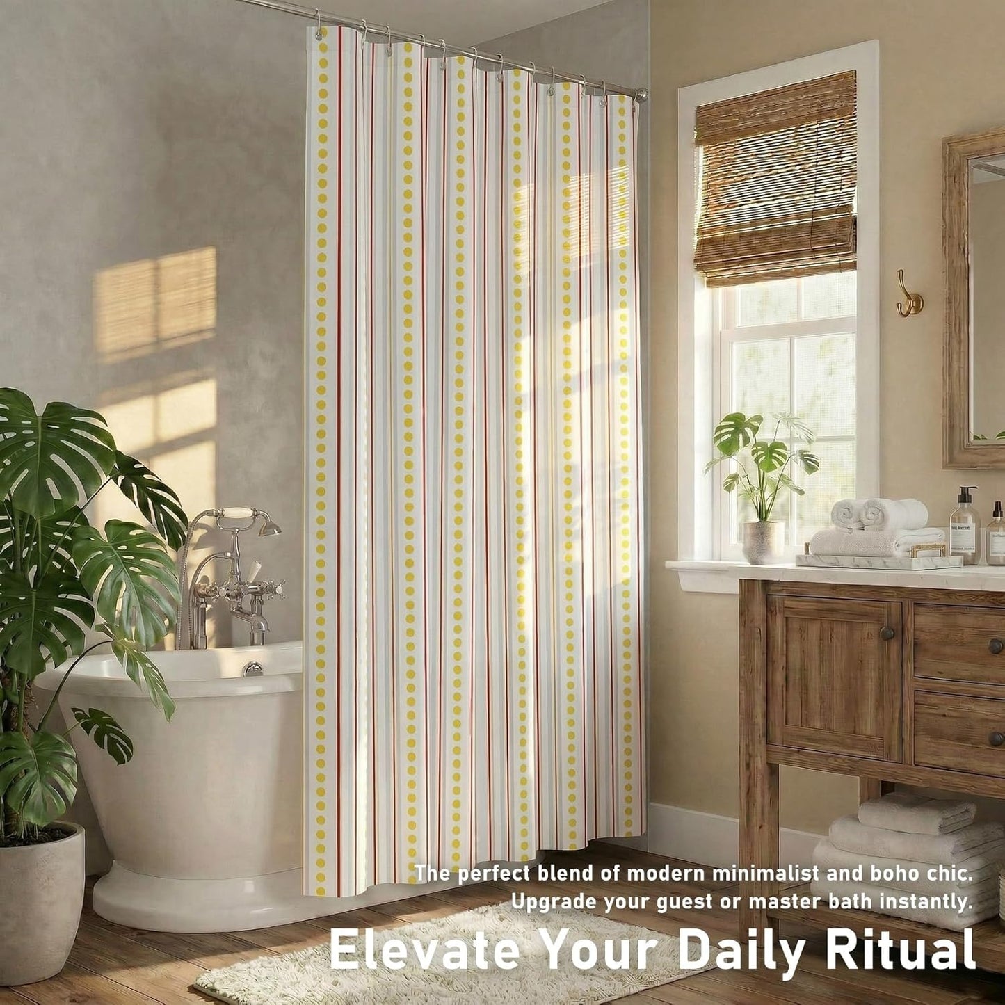 Geometric Shower Curtain for Bathroom – Modern Red & Grey Striped with Yellow Polka Dots Design – Heavy Duty Thick Fabric Bath Curtains, Waterproof & Weighted Hem, 12 Hooks Included (72" x 72")