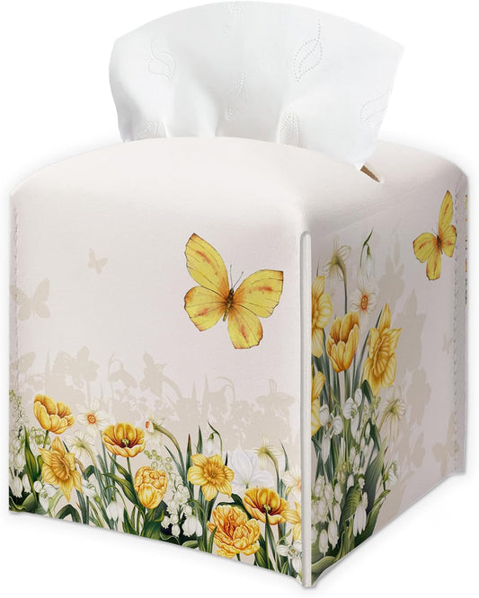 Spring Yellow Flowers & Butterfly PU Leather Tissue Box Cover -Decorative Square Tissue Holder - Waterproof Modern Dispenser Box Home Decor -Facial Paper Organizer For Kitchen Bathroom Living Room-A01