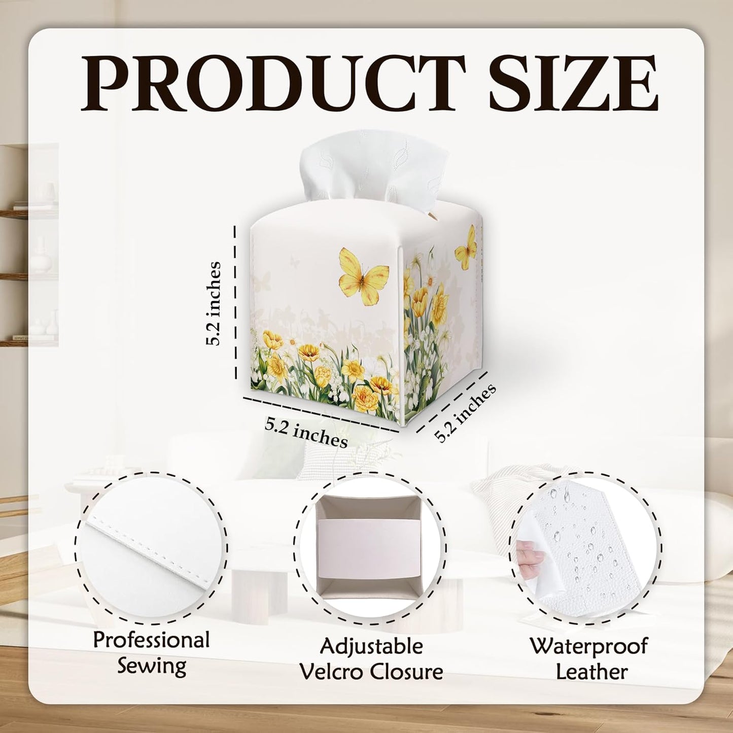 Spring Yellow Flowers & Butterfly PU Leather Tissue Box Cover -Decorative Square Tissue Holder - Waterproof Modern Dispenser Box Home Decor -Facial Paper Organizer For Kitchen Bathroom Living Room-A01