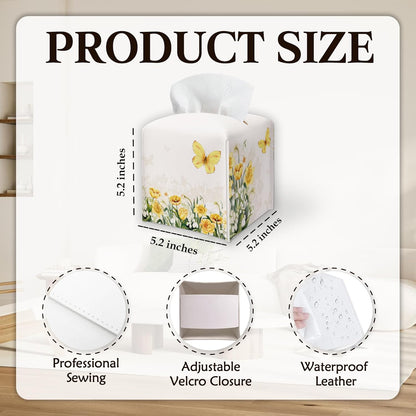 Spring Yellow Flowers & Butterfly PU Leather Tissue Box Cover -Decorative Square Tissue Holder - Waterproof Modern Dispenser Box Home Decor -Facial Paper Organizer For Kitchen Bathroom Living Room-A01