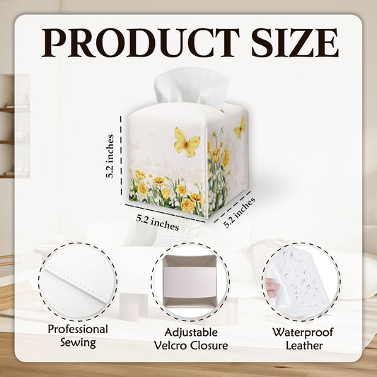 Spring Yellow Flowers & Butterfly PU Leather Tissue Box Cover -Decorative Square Tissue Holder - Waterproof Modern Dispenser Box Home Decor -Facial Paper Organizer For Kitchen Bathroom Living Room-A01