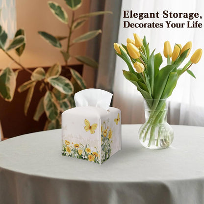 Spring Yellow Flowers & Butterfly PU Leather Tissue Box Cover -Decorative Square Tissue Holder - Waterproof Modern Dispenser Box Home Decor -Facial Paper Organizer For Kitchen Bathroom Living Room-A01