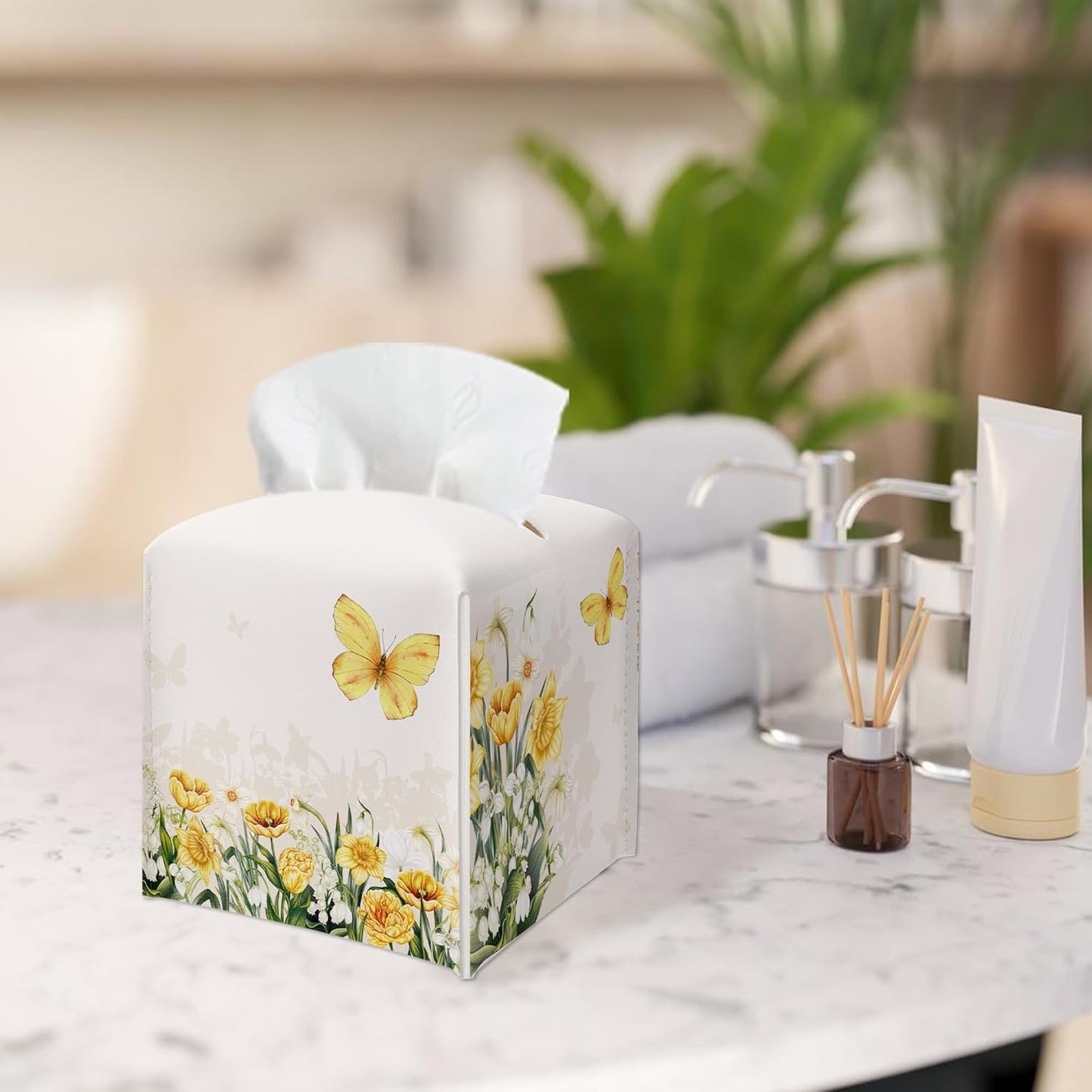 Spring Yellow Flowers & Butterfly PU Leather Tissue Box Cover -Decorative Square Tissue Holder - Waterproof Modern Dispenser Box Home Decor -Facial Paper Organizer For Kitchen Bathroom Living Room-A01