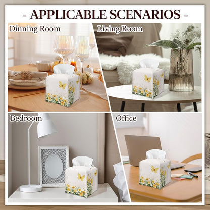 Spring Yellow Flowers & Butterfly PU Leather Tissue Box Cover -Decorative Square Tissue Holder - Waterproof Modern Dispenser Box Home Decor -Facial Paper Organizer For Kitchen Bathroom Living Room-A01
