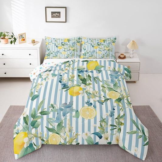 Kids Lemon Comforter Set Queen Size Tropical Fruit Print Bedding Set for Boys Girls Blue Striped Duvet Set Quilt Set,1 Comforter+ 2 Pillow Shams