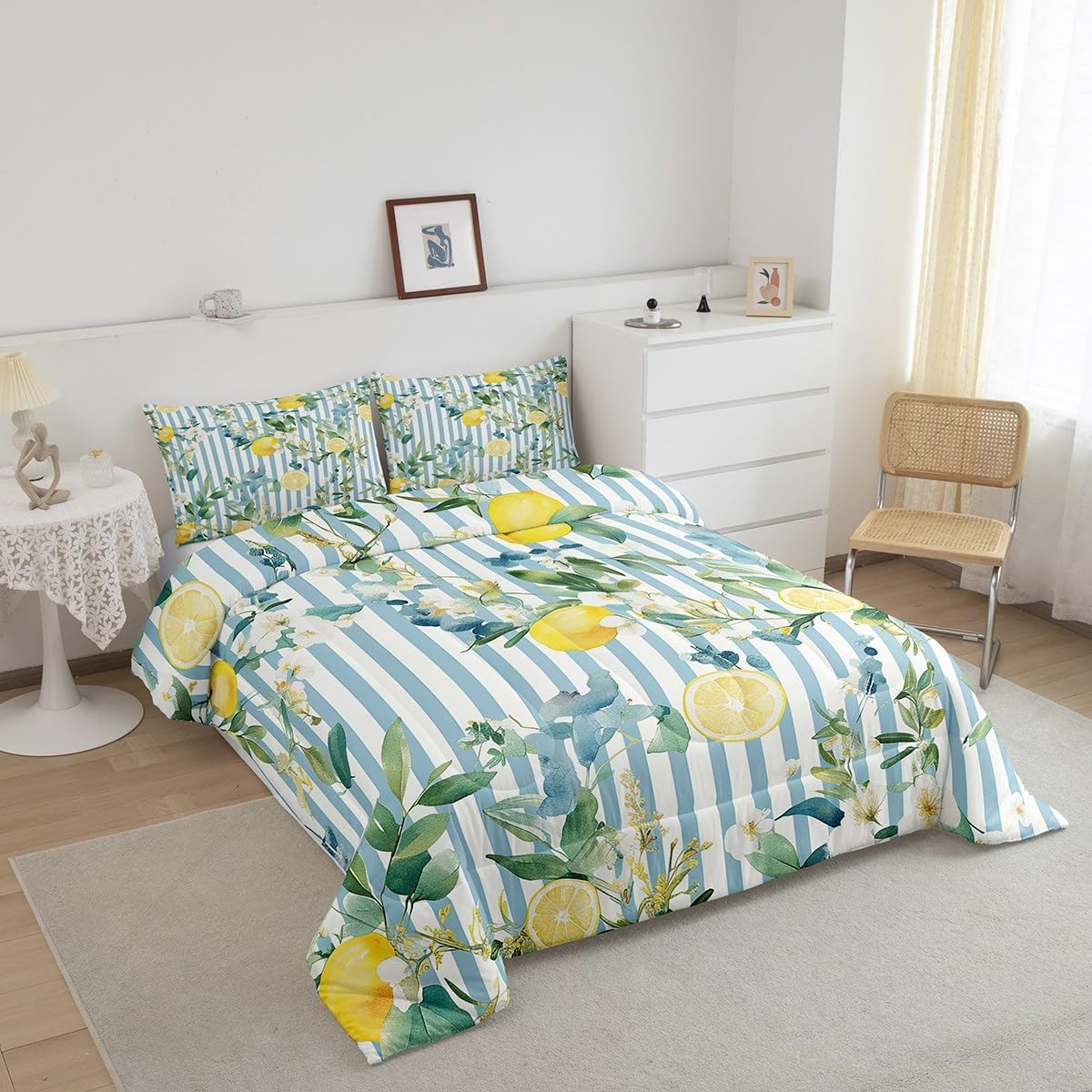 Kids Lemon Comforter Set Queen Size Tropical Fruit Print Bedding Set for Boys Girls Blue Striped Duvet Set Quilt Set,1 Comforter+ 2 Pillow Shams