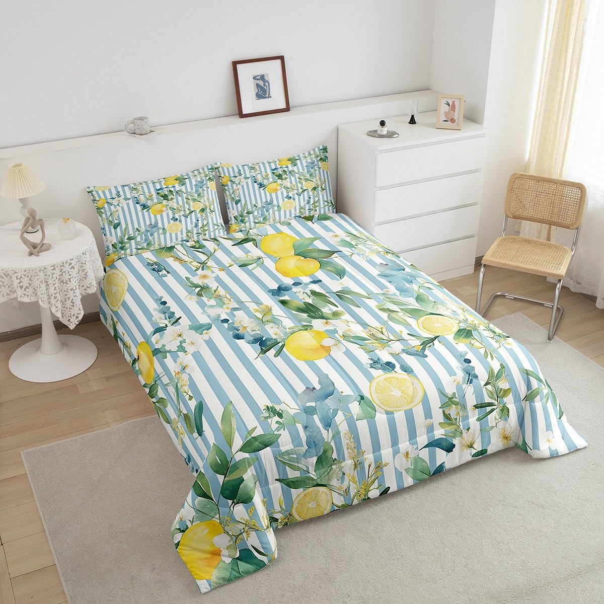 Kids Lemon Comforter Set Queen Size Tropical Fruit Print Bedding Set for Boys Girls Blue Striped Duvet Set Quilt Set,1 Comforter+ 2 Pillow Shams