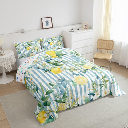 Kids Lemon Comforter Set Queen Size Tropical Fruit Print Bedding Set for Boys Girls Blue Striped Duvet Set Quilt Set,1 Comforter+ 2 Pillow Shams
