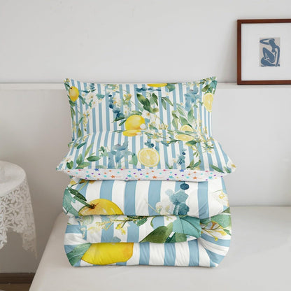 Kids Lemon Comforter Set Queen Size Tropical Fruit Print Bedding Set for Boys Girls Blue Striped Duvet Set Quilt Set,1 Comforter+ 2 Pillow Shams