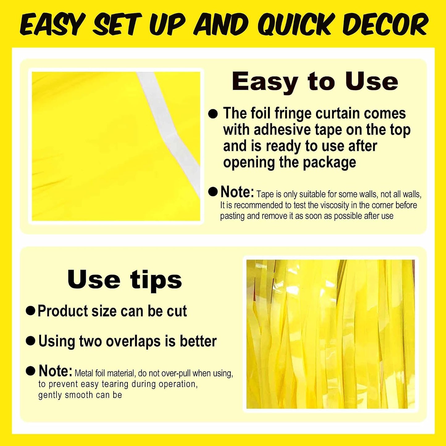 6 Pack Macaron Yellow Foil Fringe Curtains Backdrop, 3.28 x 8.2 Ft Metallic Streamers Tinsel Curtains Background for Photo Booth, Birthday, Weddings, Carnivals, Graduation, Themed Party Decorations