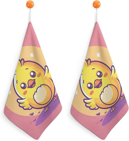 Yellow Cartoon Chicken Kitchen Towels Set -2PCS Super Absorbent Hand Towels, Soft Face Towel Set with Hanging Loop Lightweight Quick Dry Microfiber Dish Towels for Yoga Camping Hotel Spa Travel