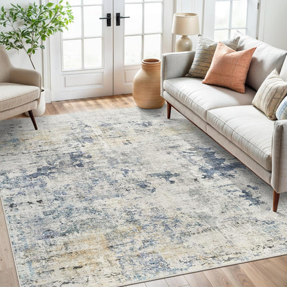 Abstract Rug 5x7 Machine Washable Area Indoor Blue Yellow Low Pile Non-Slip Foldable Thin Accent Rugs for Bedroom Living Room Dining Room