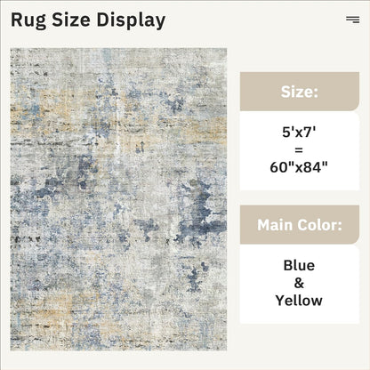 Abstract Rug 5x7 Machine Washable Area Indoor Blue Yellow Low Pile Non-Slip Foldable Thin Accent Rugs for Bedroom Living Room Dining Room