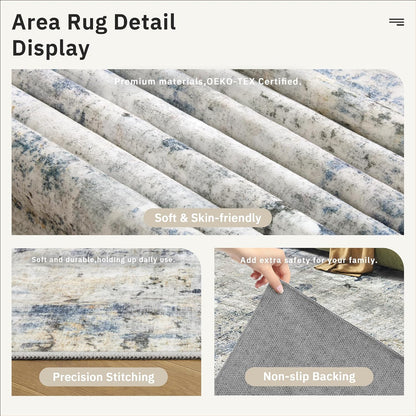 Abstract Rug 5x7 Machine Washable Area Indoor Blue Yellow Low Pile Non-Slip Foldable Thin Accent Rugs for Bedroom Living Room Dining Room