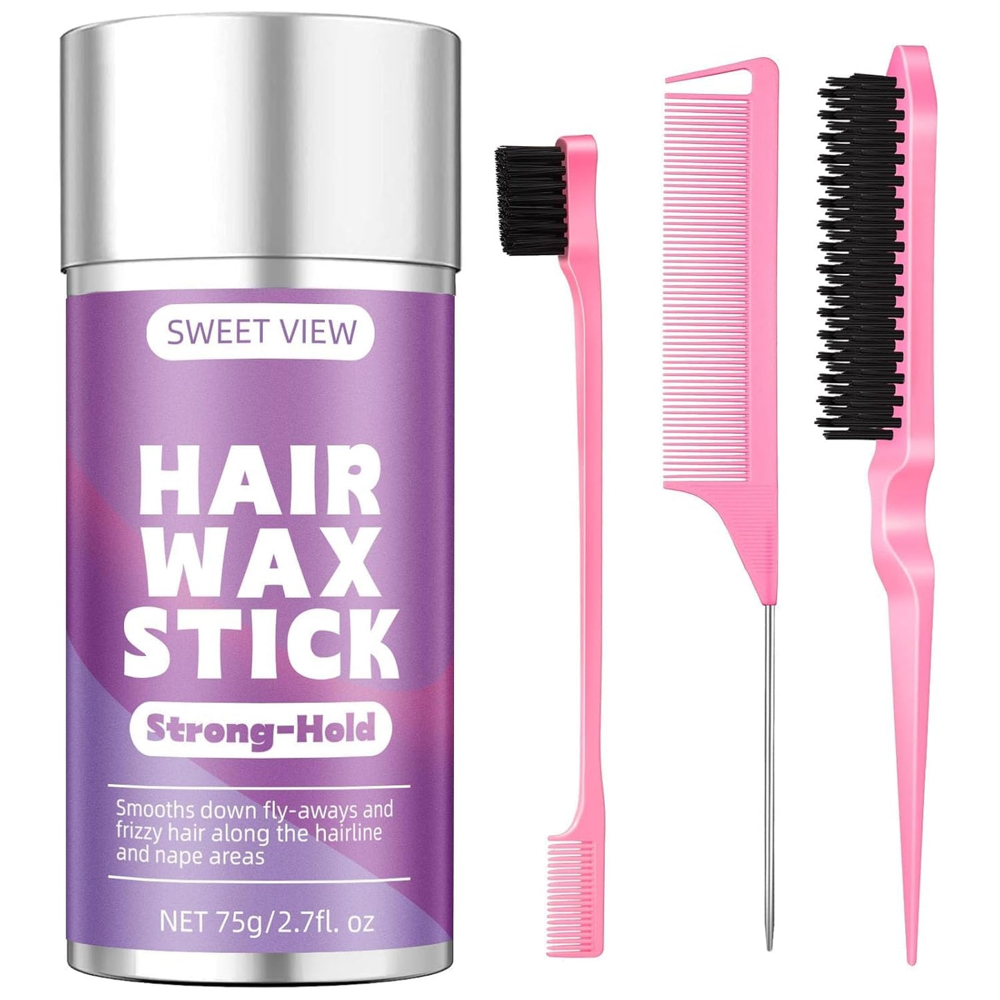 Hair Wax Stick & Slick Back Brush | Tames Flyaways, Frizz, Sleek Ponytails, Buns | Pomade/Balm/Gel Stick for Women, Styling Accessories for Girls
