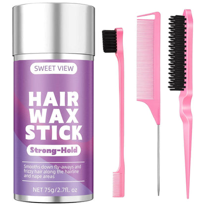 Hair Wax Stick & Slick Back Brush | Tames Flyaways, Frizz, Sleek Ponytails, Buns | Pomade/Balm/Gel Stick for Women, Styling Accessories for Girls