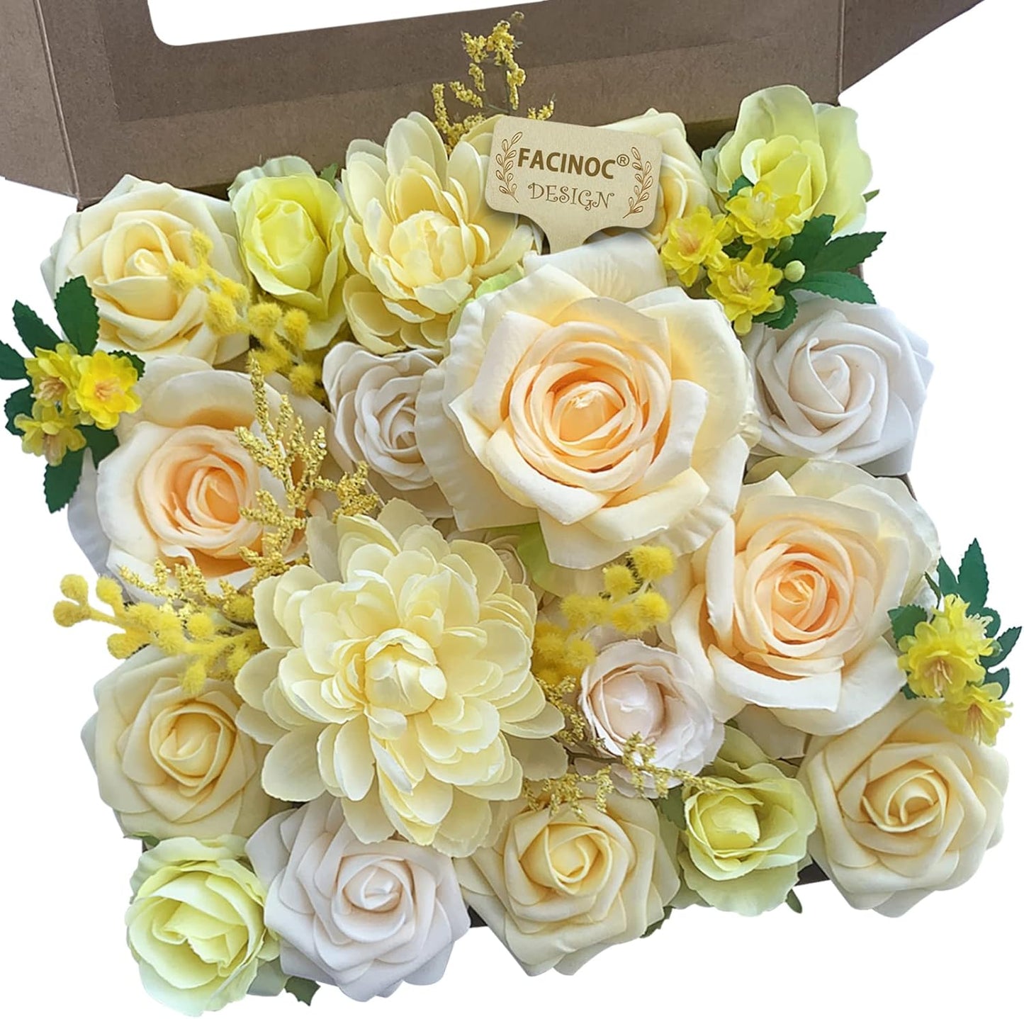 Roses Artificial Flowers Yellow Bouquet Fake Flower Bulk Box Set | DIY Wedding Bouquets, Bridal Shower Decorations, Silk Floral Arrangement, Party Table Centerpieces, Home Decor Indoor Outdoor