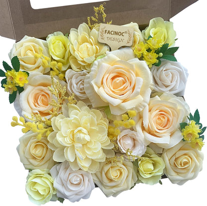 Roses Artificial Flowers Yellow Bouquet Fake Flower Bulk Box Set | DIY Wedding Bouquets, Bridal Shower Decorations, Silk Floral Arrangement, Party Table Centerpieces, Home Decor Indoor Outdoor