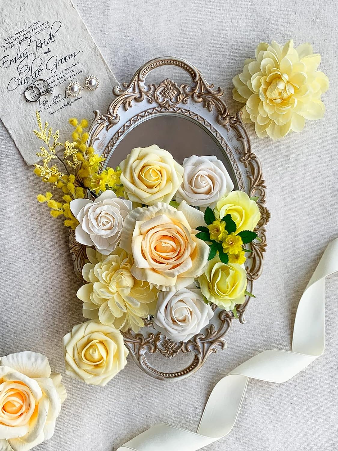 Roses Artificial Flowers Yellow Bouquet Fake Flower Bulk Box Set | DIY Wedding Bouquets, Bridal Shower Decorations, Silk Floral Arrangement, Party Table Centerpieces, Home Decor Indoor Outdoor