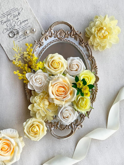 Roses Artificial Flowers Yellow Bouquet Fake Flower Bulk Box Set | DIY Wedding Bouquets, Bridal Shower Decorations, Silk Floral Arrangement, Party Table Centerpieces, Home Decor Indoor Outdoor