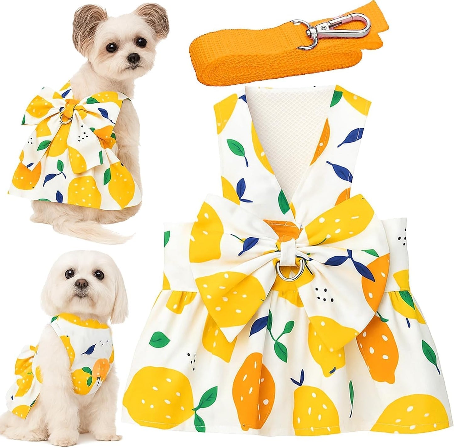 Dog Dress Bowknot Harness Leash Set for Small Dogs Yellow Lemon Dog Cat Clothes Cute Puppy Outfits Pet Clothes Spring Summer Breathable Dresses(Samll)