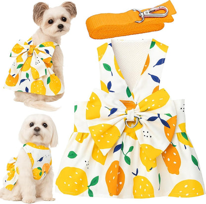Dog Dress Bowknot Harness Leash Set for Small Dogs Yellow Lemon Dog Cat Clothes Cute Puppy Outfits Pet Clothes Spring Summer Breathable Dresses(Samll)