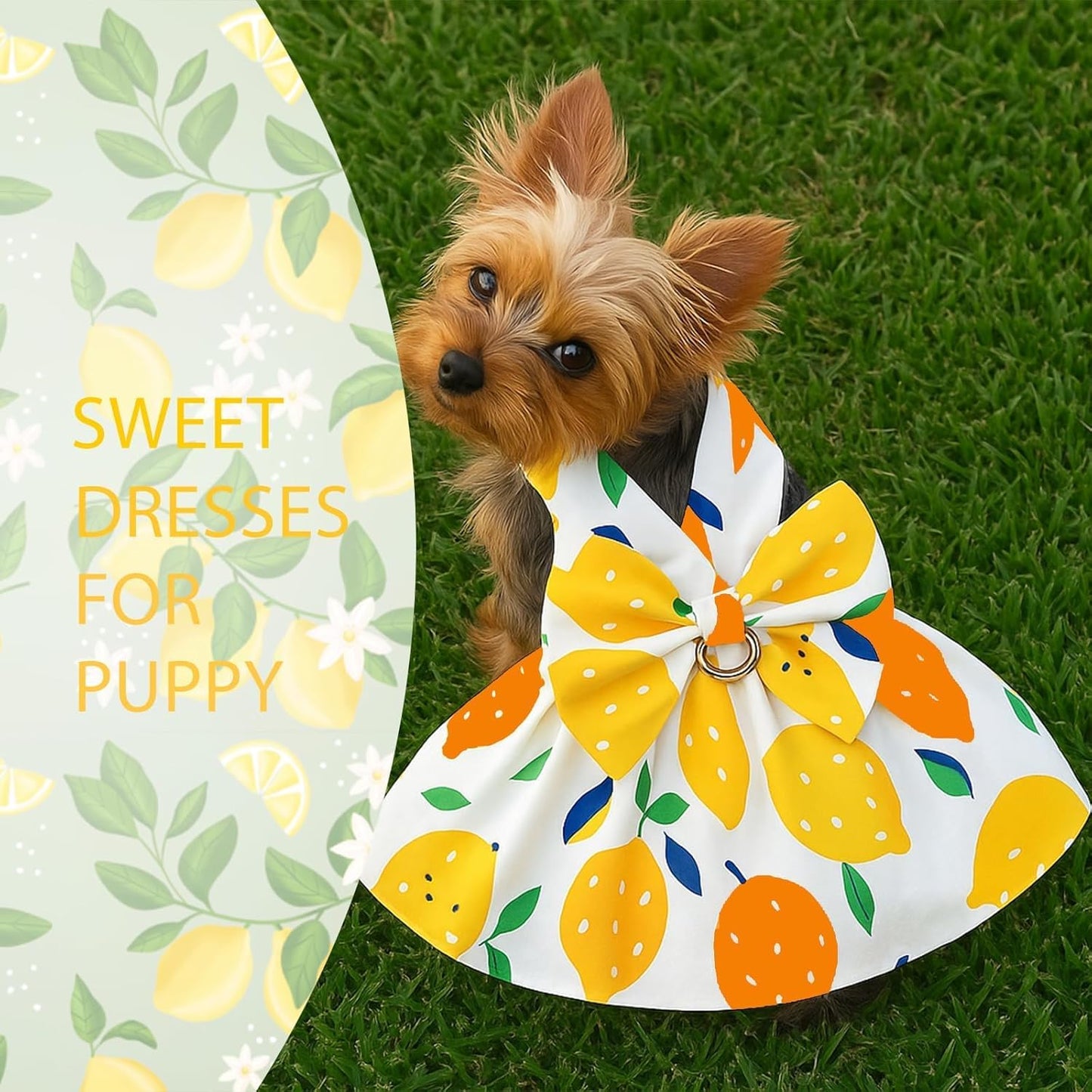 Dog Dress Bowknot Harness Leash Set for Small Dogs Yellow Lemon Dog Cat Clothes Cute Puppy Outfits Pet Clothes Spring Summer Breathable Dresses(Samll)