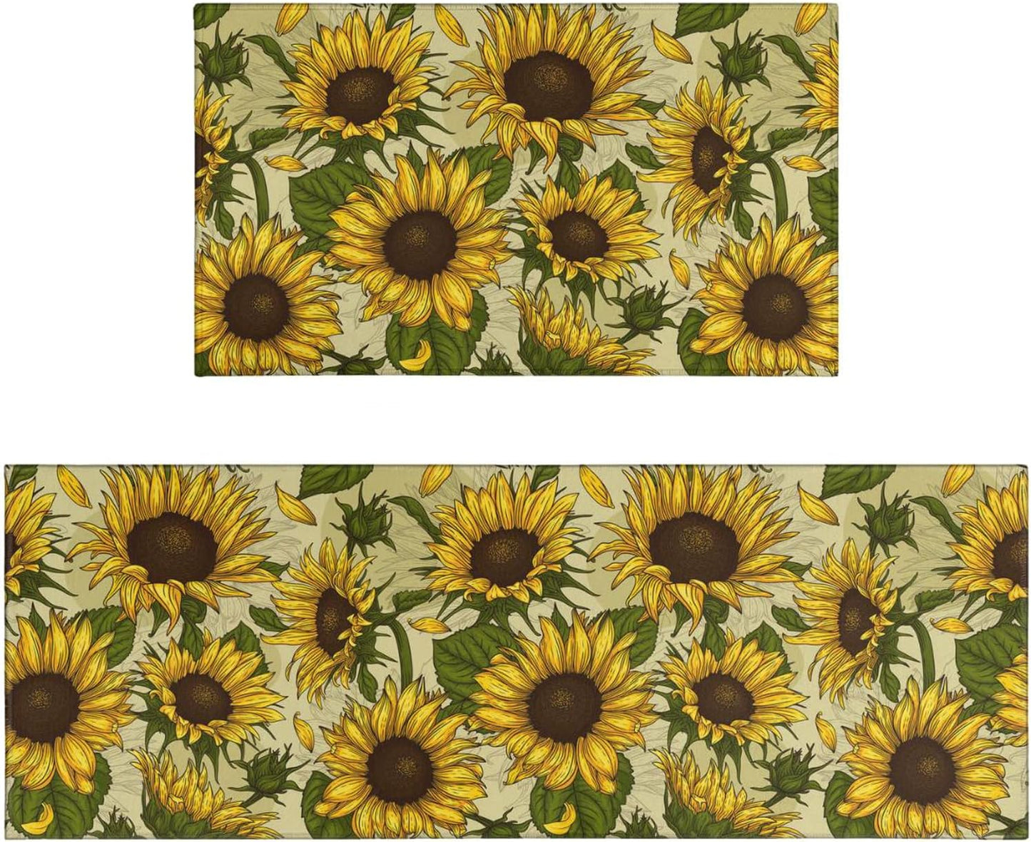 Summer Sunflower Kitchen Rugs Sets of 2 Non-Slip Washable Yellow Sunflower Rugs for Kitchen Decor