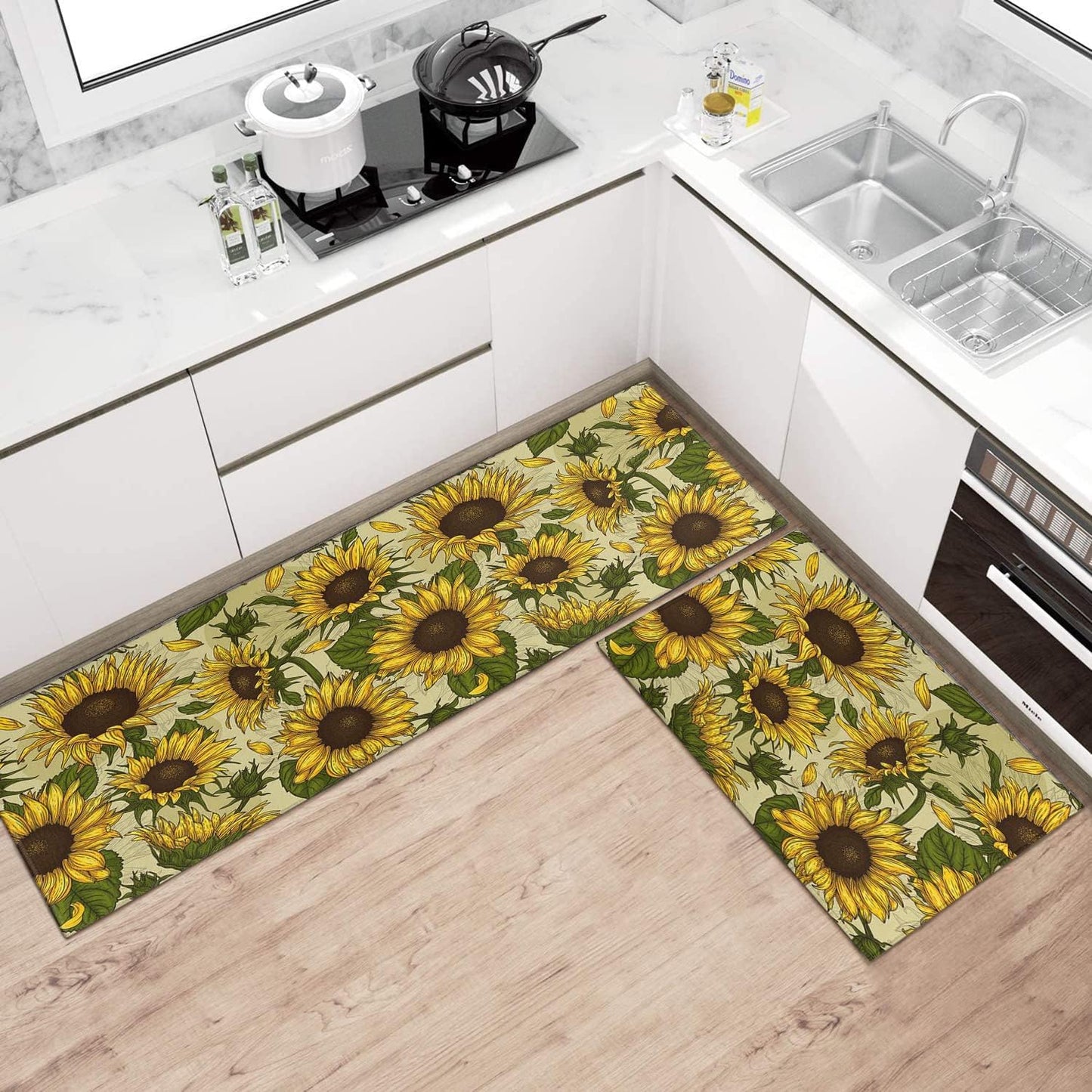 Summer Sunflower Kitchen Rugs Sets of 2 Non-Slip Washable Yellow Sunflower Rugs for Kitchen Decor