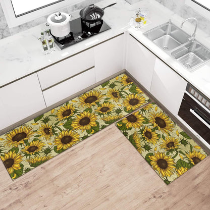 Summer Sunflower Kitchen Rugs Sets of 2 Non-Slip Washable Yellow Sunflower Rugs for Kitchen Decor