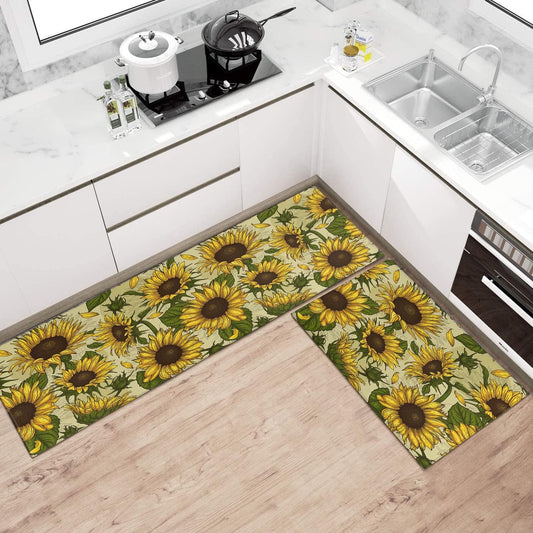 Summer Sunflower Kitchen Rugs Sets of 2 Non-Slip Washable Yellow Sunflower Rugs for Kitchen Decor