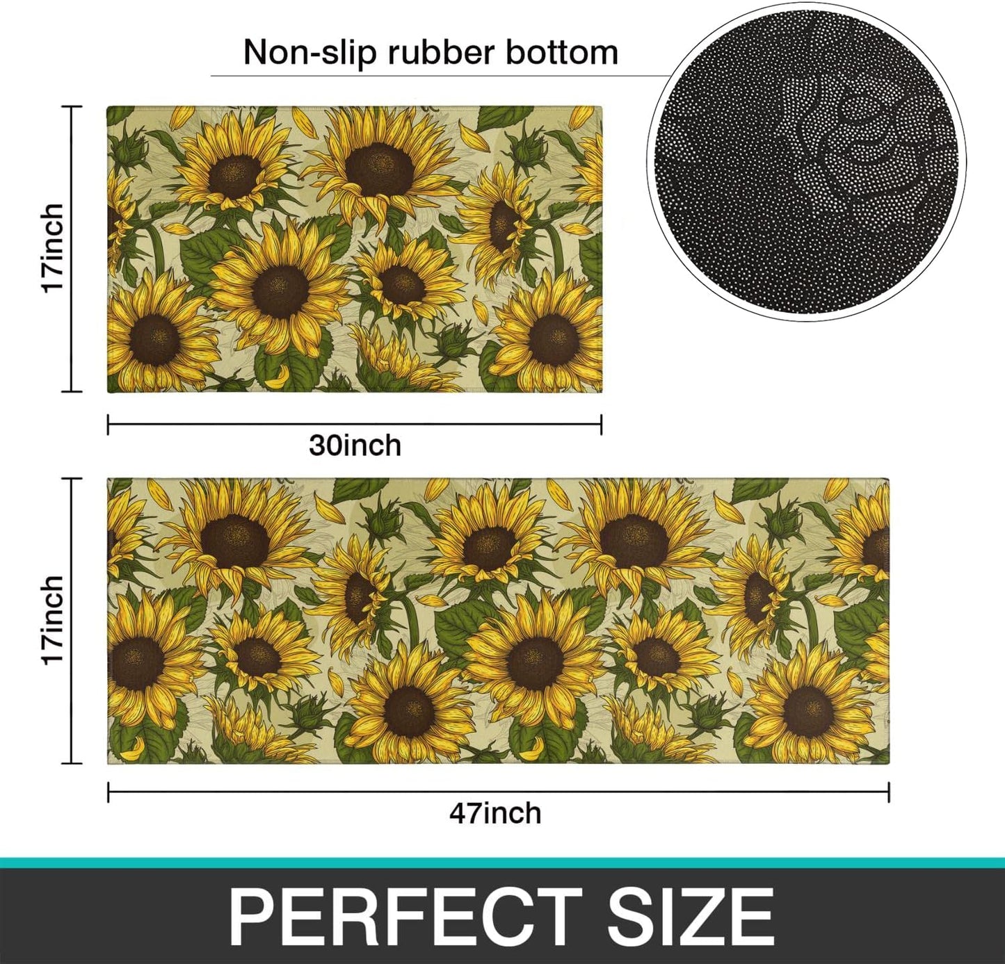 Summer Sunflower Kitchen Rugs Sets of 2 Non-Slip Washable Yellow Sunflower Rugs for Kitchen Decor