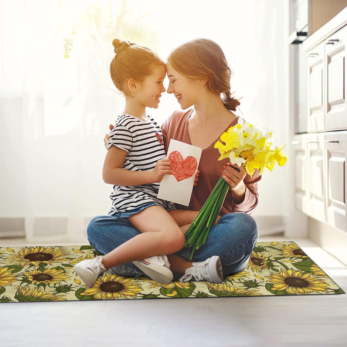 Summer Sunflower Kitchen Rugs Sets of 2 Non-Slip Washable Yellow Sunflower Rugs for Kitchen Decor